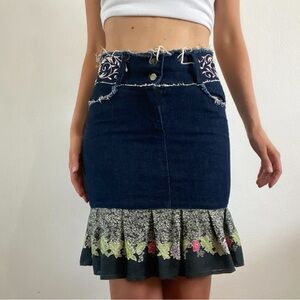 Vintage Y2K 90s denim mini skirt embroidered eclectic bodycon ruffle